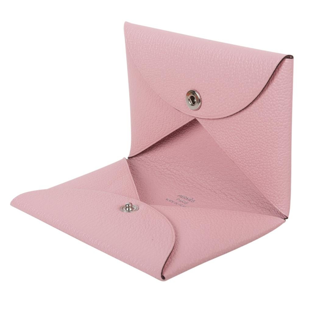 Guaranteed authentic Hermes Calvi card holder features rare Rose Sakura.
Chevre leather.
The card holder has 2 slots for business/credit cards.
Comes with signature Hermes box.
New or Store Fresh Condition.  
final sale

CARD HOLDER MEASURES:
LENGTH