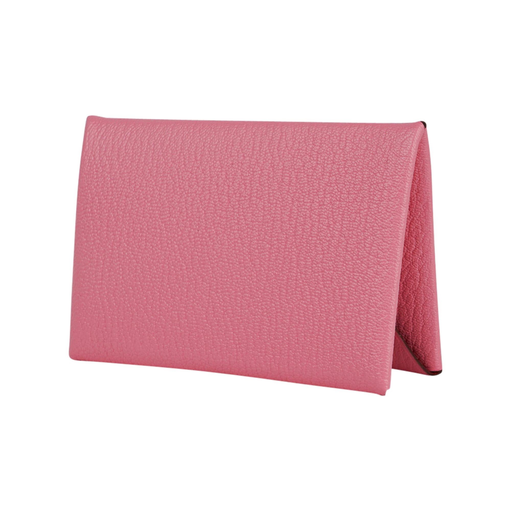 Hermes Calvi Verso Card Holder  Pink Confetti / Brick Chevre Leather New w/Box In New Condition In Miami, FL