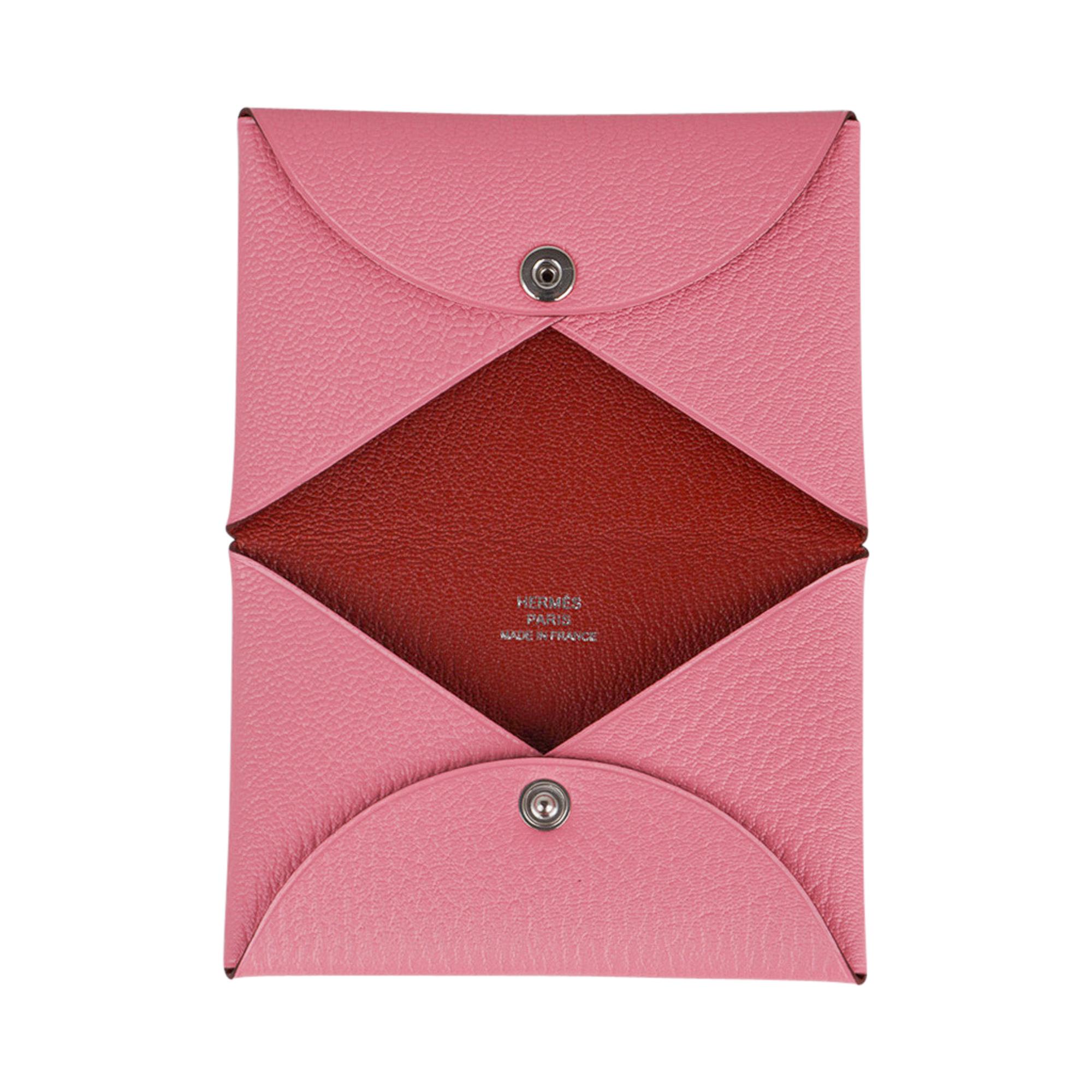 Women's Hermes Calvi Verso Card Holder  Pink Confetti / Brick Chevre Leather New w/Box