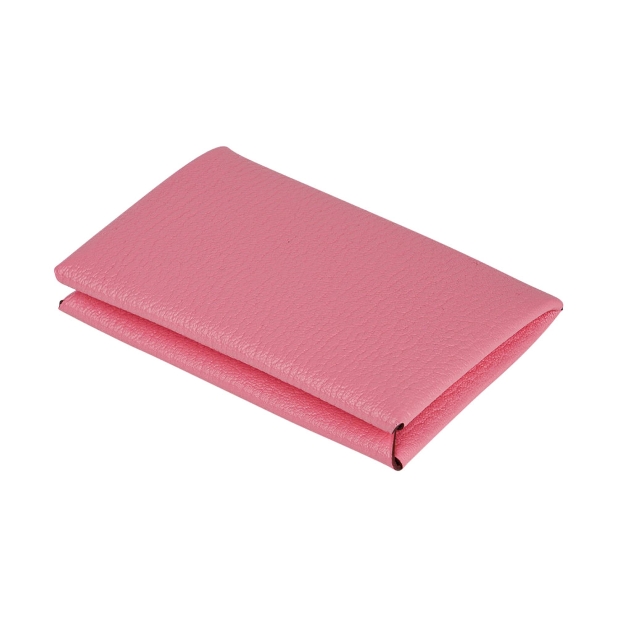 Women's or Men's Hermes Calvi Verso Card Holder Rose Confetti  with Brick Chevre Leather For Sale