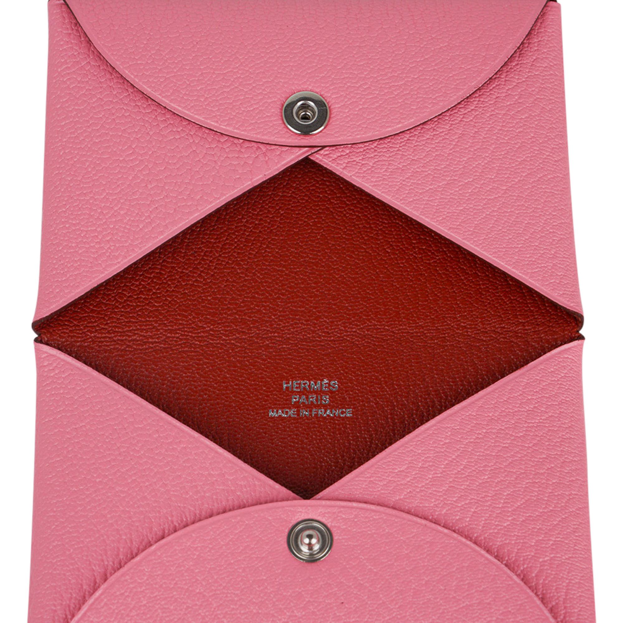 Hermes Calvi Verso Card Holder Rose Confetti  with Brick Chevre Leather For Sale 1