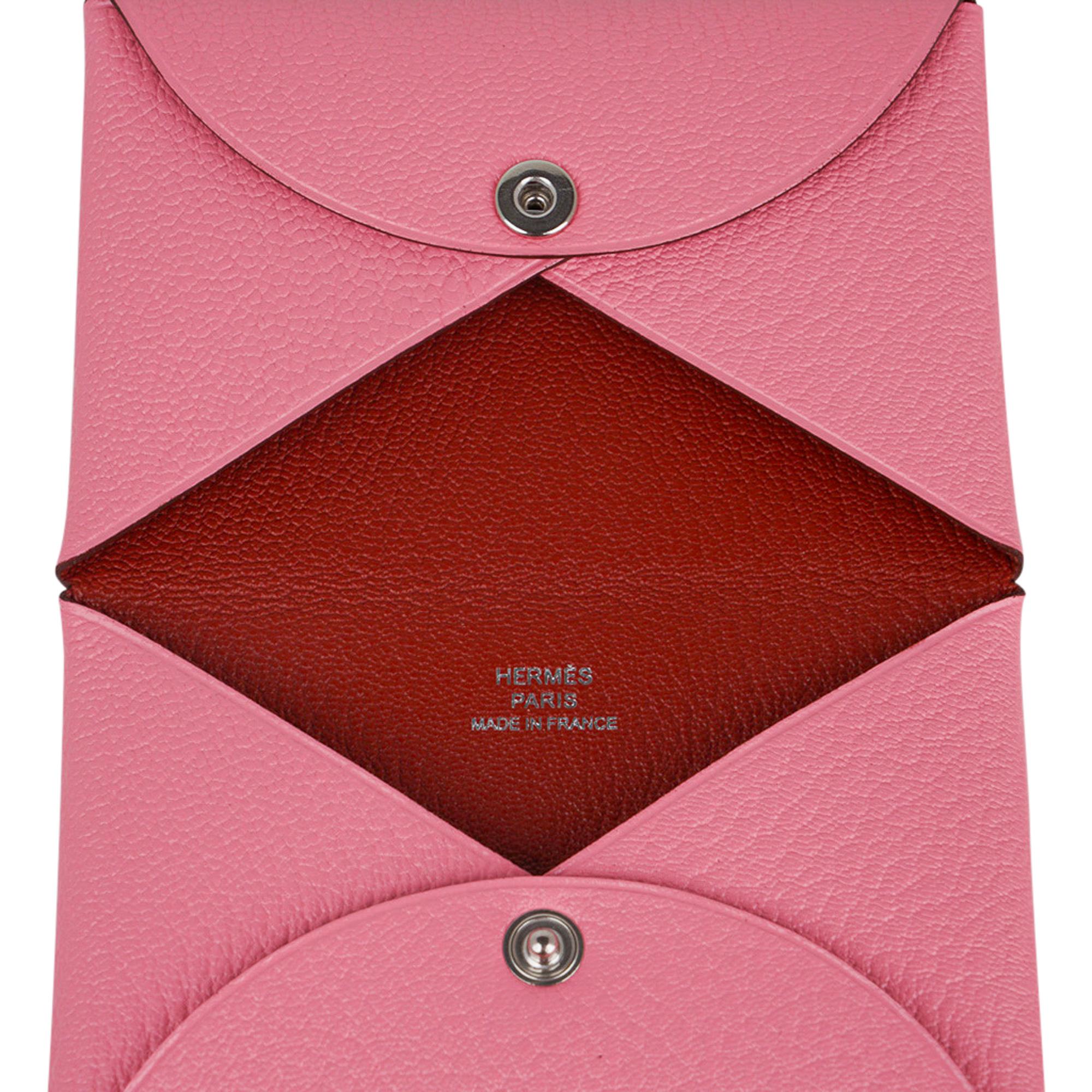 Hermes Calvi Verso Card Holder  Pink Confetti / Brick Chevre Leather New w/Box 2