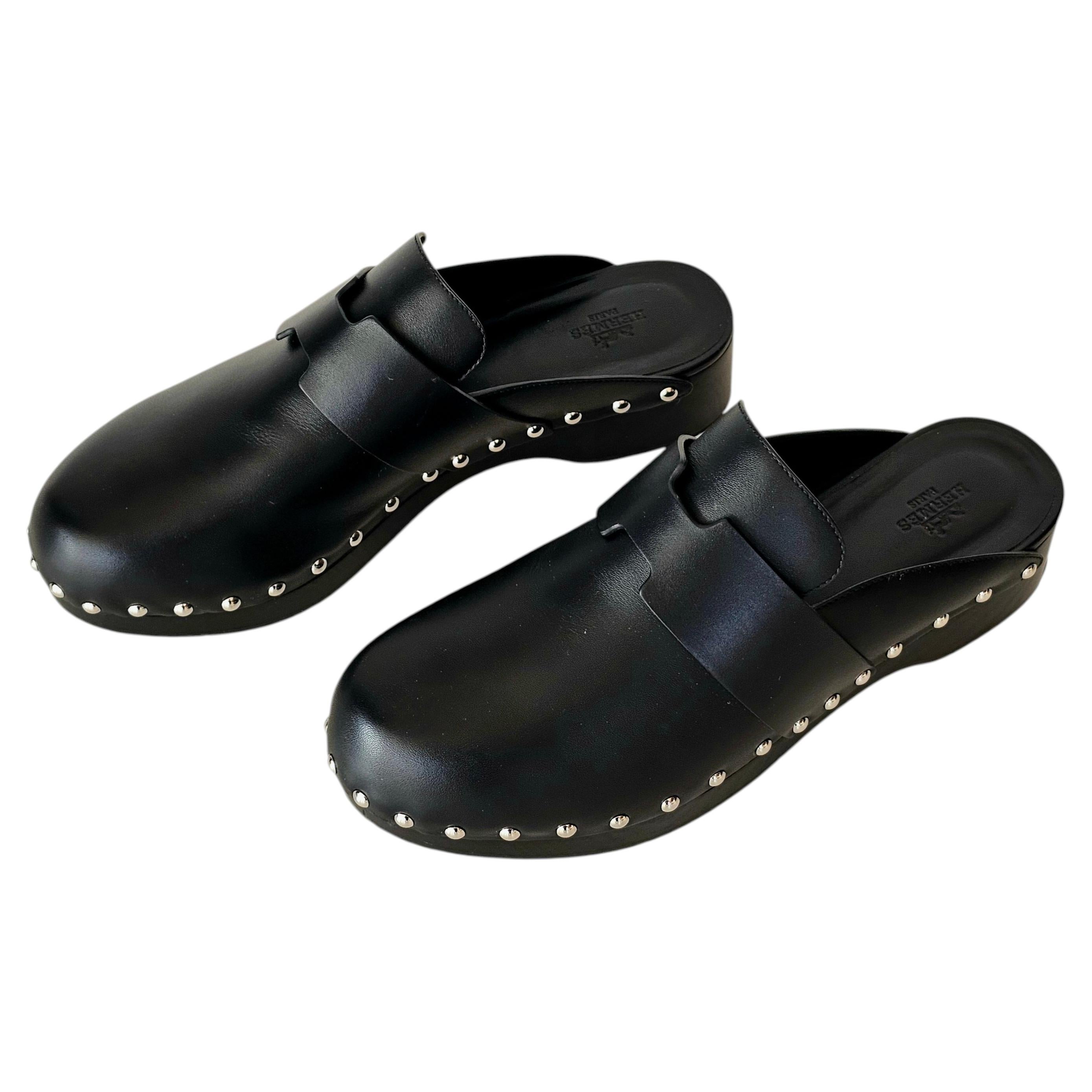 Hermes Calya Black Leather Mules Clogs Silver Studs EU 40 US 10 Box Set