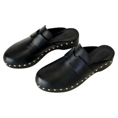 Hermes Calya Black Leather Mules Clogs Silver Studs EU 40 US 10 Box Set