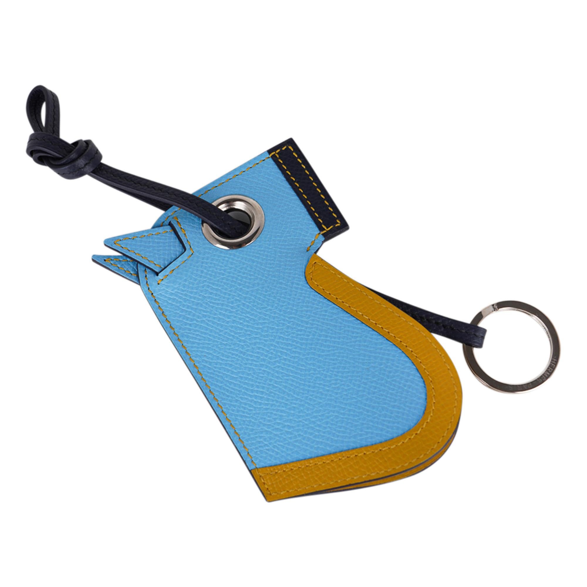 Hermes Camail Key Ring Bag Charm Bleu Celeste /Jaune Ambre/ Blue Indigo New In New Condition For Sale In Miami, FL