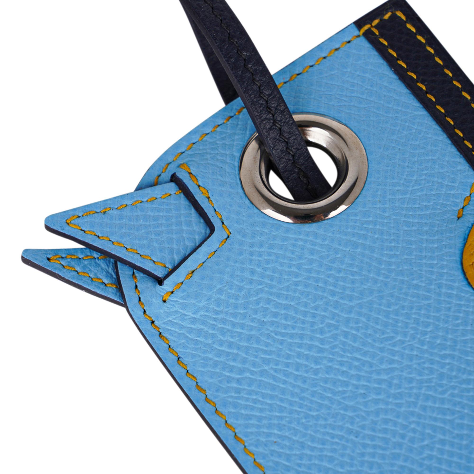 Women's or Men's Hermes Camail Key Ring Bag Charm Bleu Celeste /Jaune Ambre/ Blue Indigo New For Sale