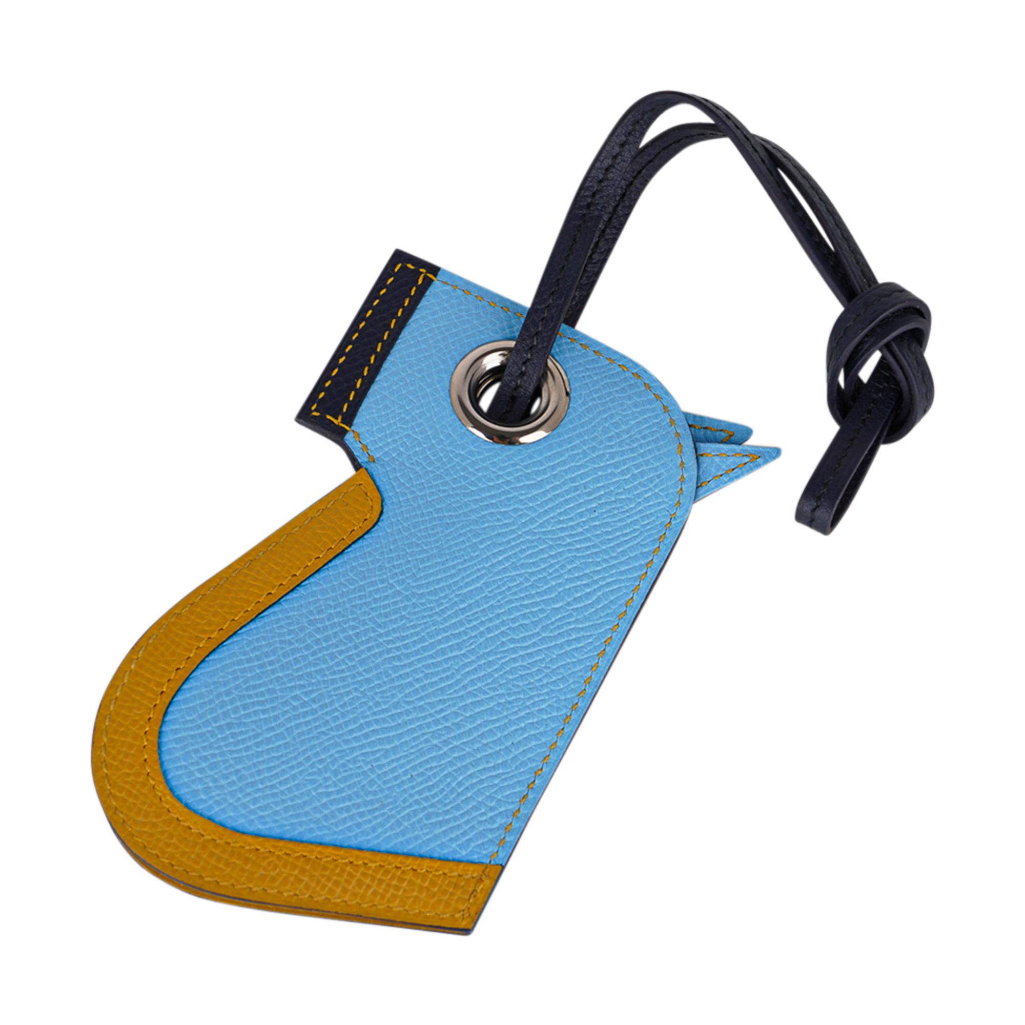 Hermes Camail Key Ring Bag Charm Bleu Celeste /Jaune Ambre/ Blue Indigo New For Sale 1