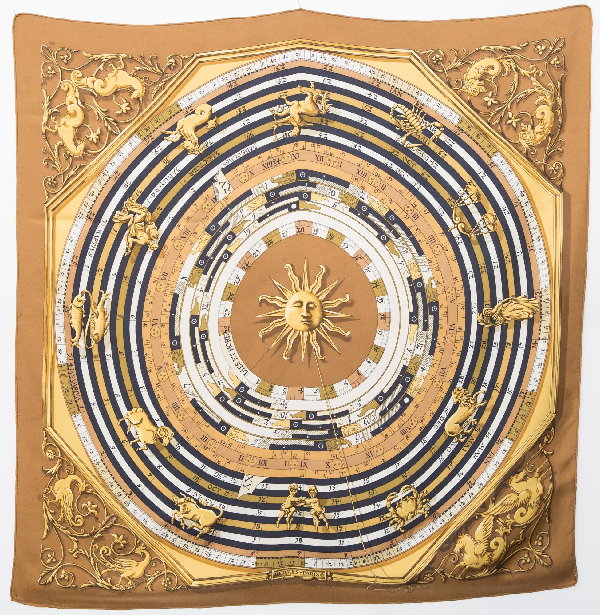 Hermes Camel Astrology Dies et Hore by F. Faconnet Silk Scarf In Good Condition For Sale In Paris, FR