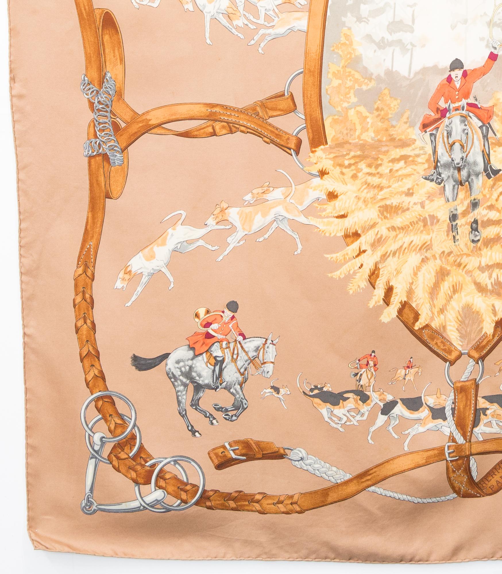 Orange Hermes Camel Le Bien Aller by J de Fougerolle Silk Scarf For Sale