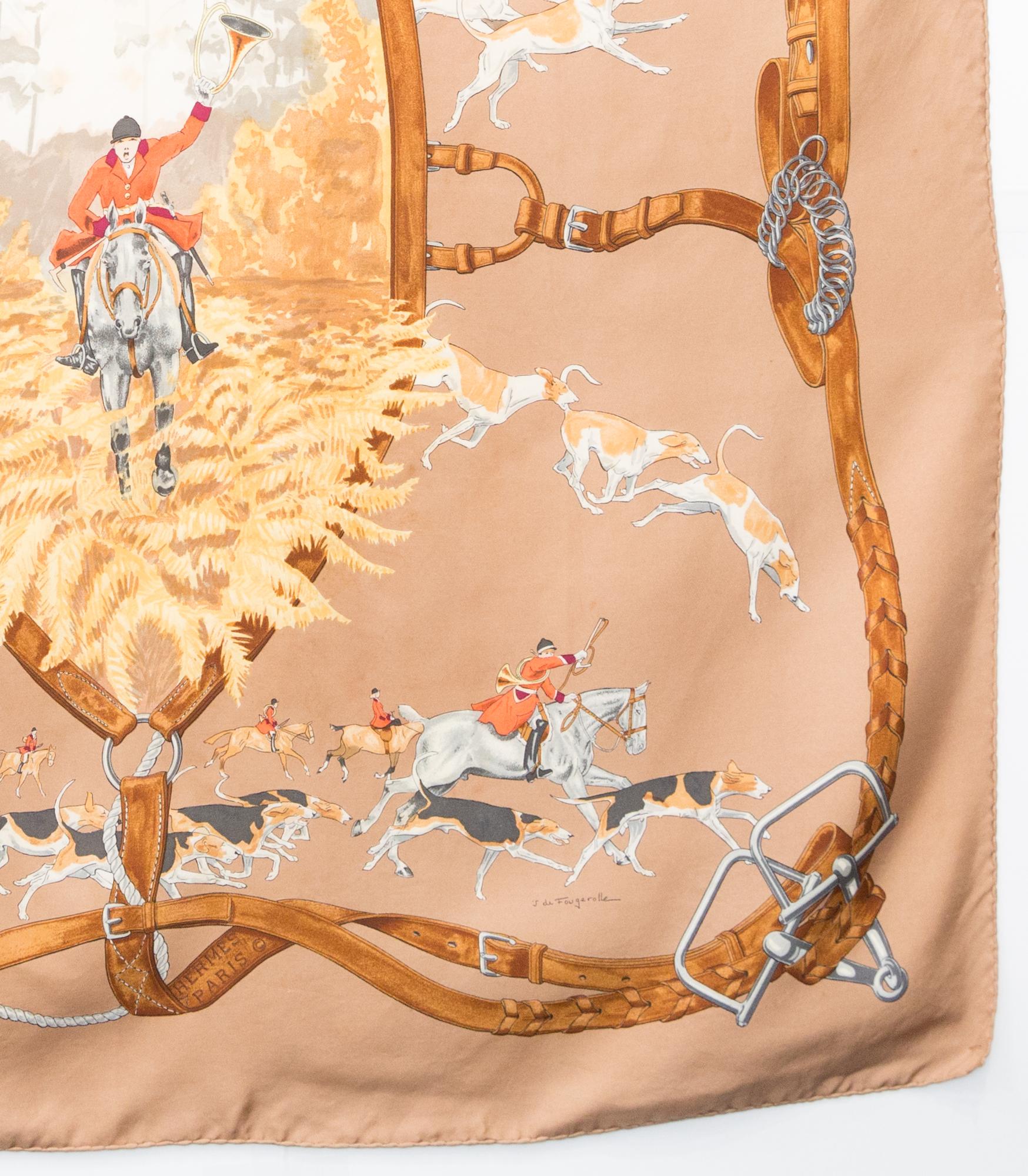 Hermes Camel Le Bien Aller by J de Fougerolle Silk Scarf In Good Condition For Sale In Paris, FR