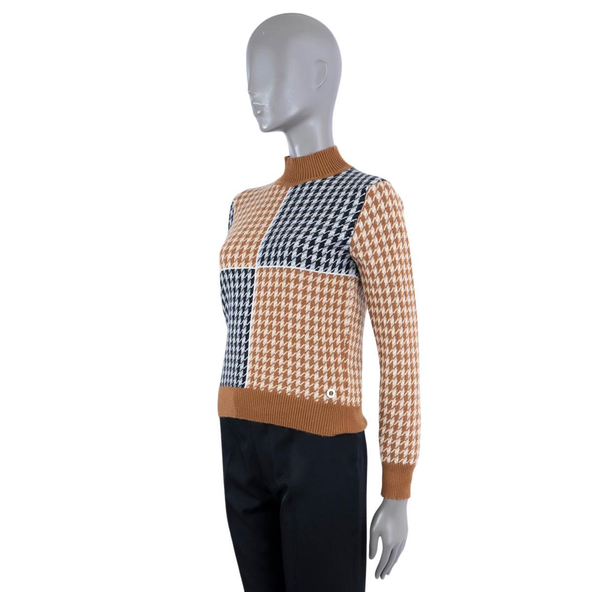 Women's HERMES camel & navy cashmere 2019 HOUNDSTOOTH MOCK NECK Sweater 34 XS For Sale