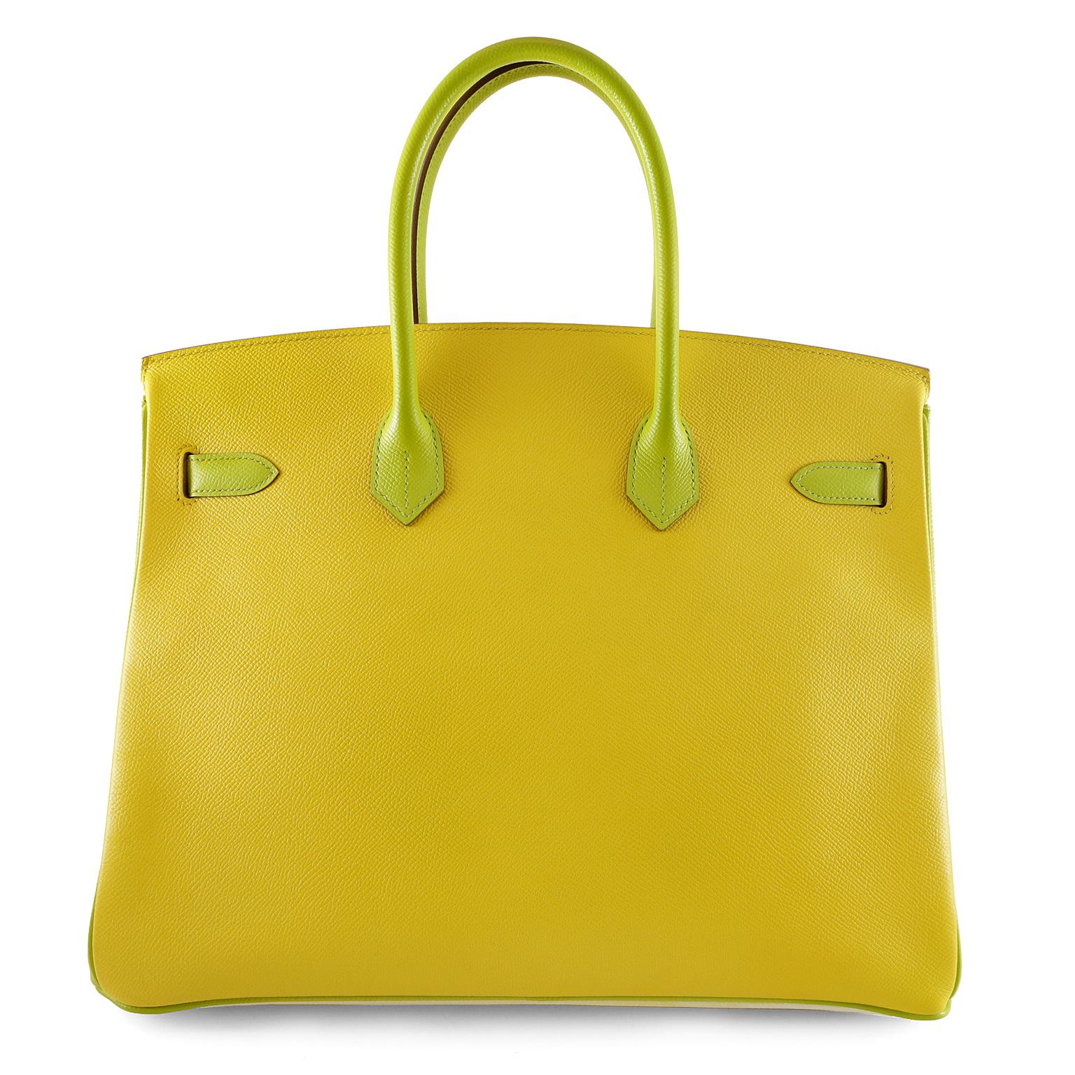 Hermès Candy Collection 35 cm Birkin Bag- pristine unworn condition; the protective plastic is still intact on the hardware.

 Known as a Horseshoe Birkin, this piece is a special order in a tri color combination. Even more difficult to acquire than