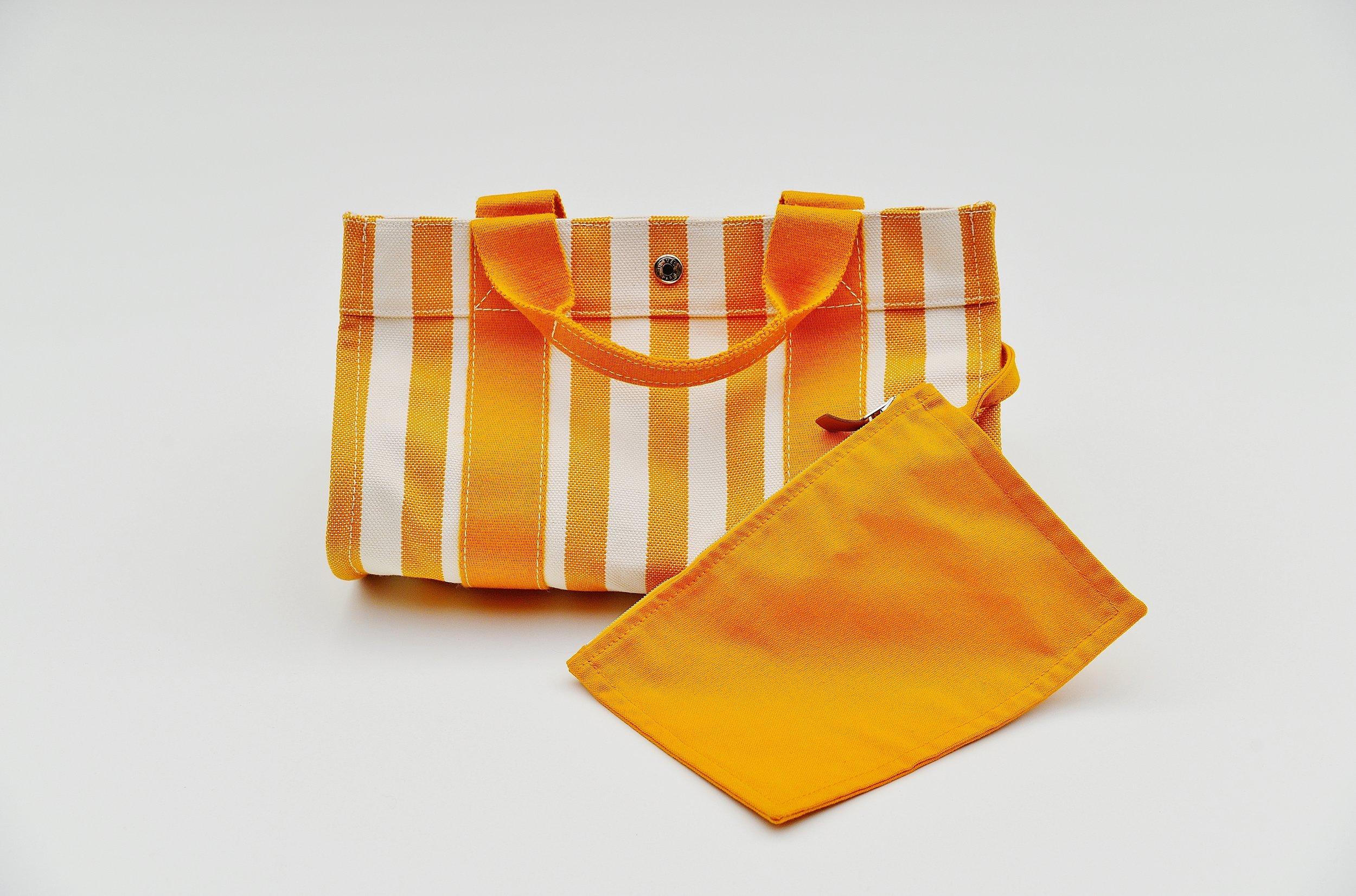 Orange Hermès Cannes MM striped tote bag beach bag