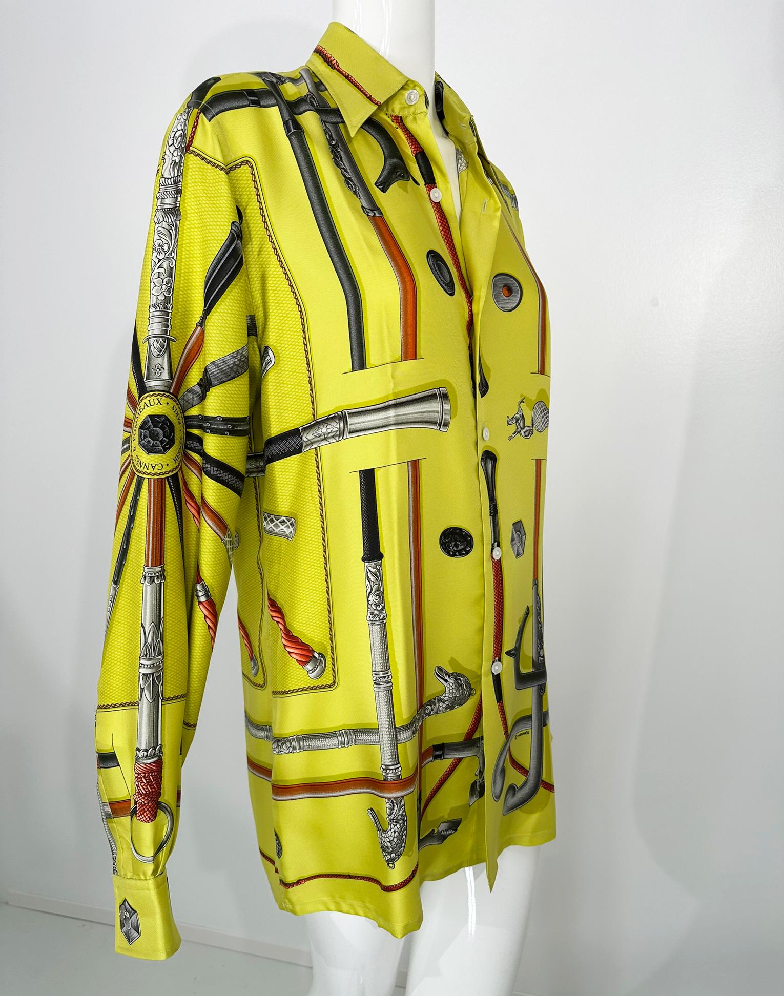 Mens Hermes Cannes & Pommeaux, chartreuse silk twill, long sleeve shirt. Beautiful shirt with an interesting design of canes & walking sticks, each with a different handle & pommel. Designed by Franoise De La Perriere in 1985. Marked 17/14 1/2.