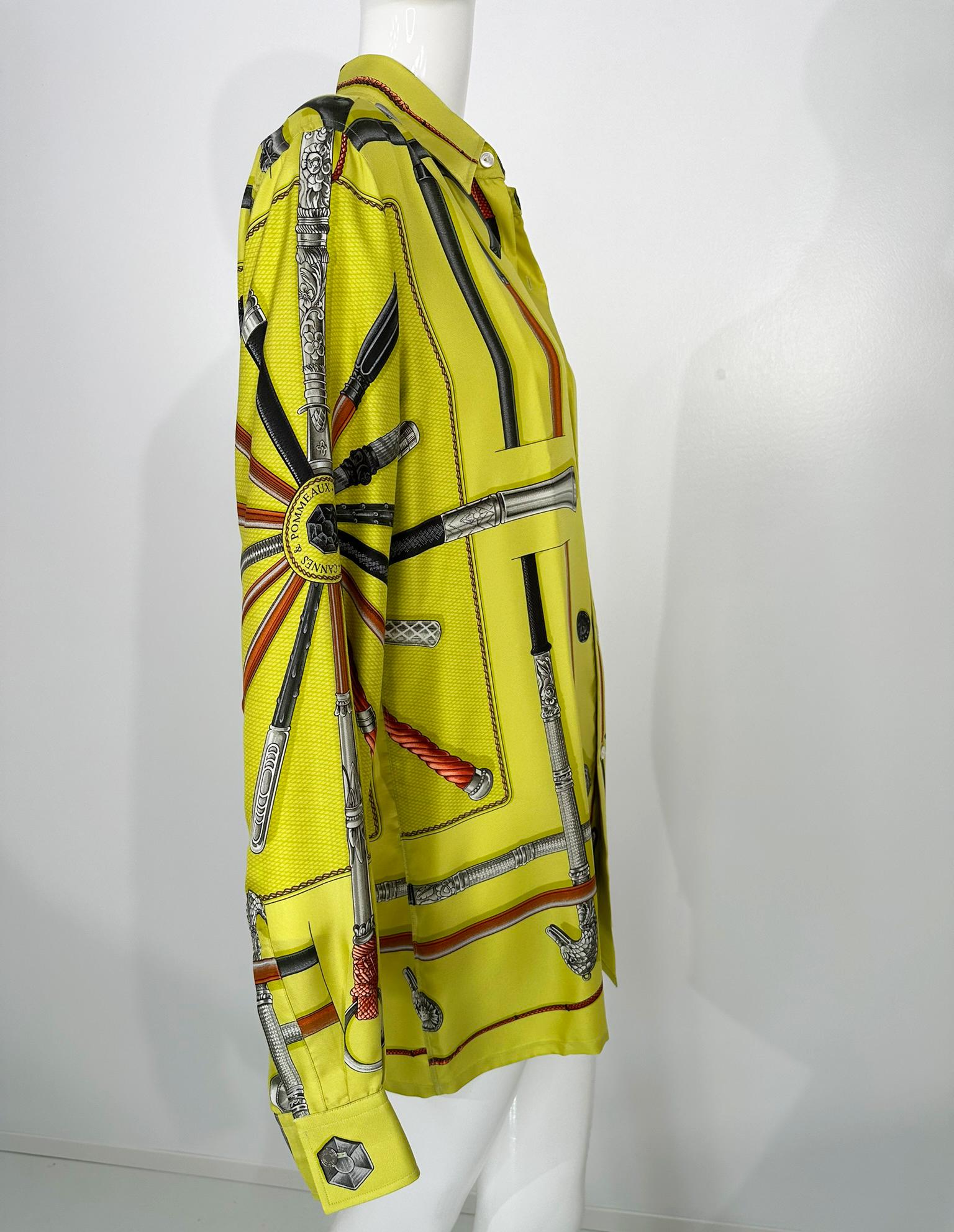 Yellow Hermes Cannes & Pommeaux By Franoise De La Perriere Silk Twill Mens Shirt    17 For Sale