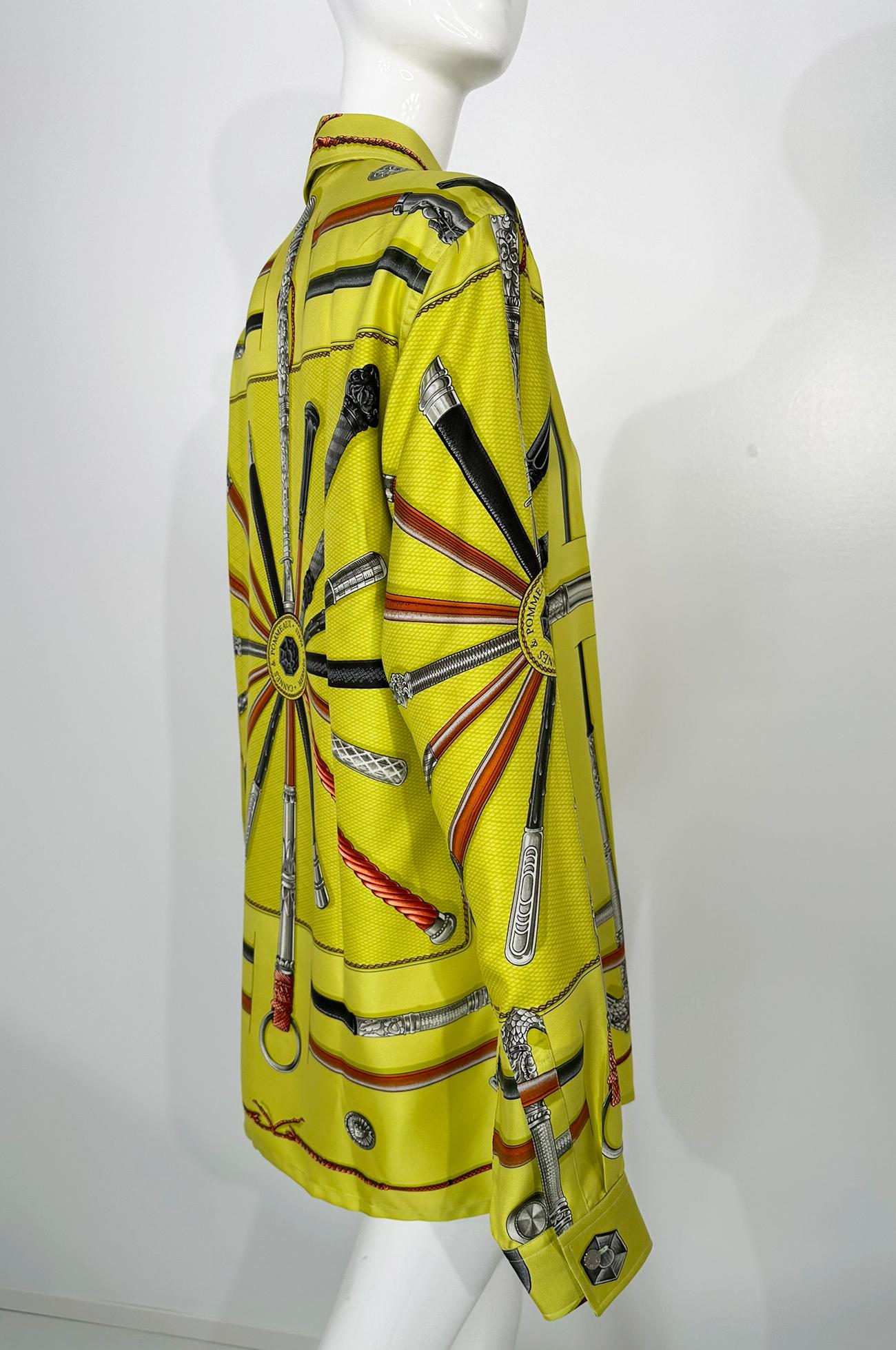 Hermes Cannes & Pommeaux By Franoise De La Perriere Silk Twill Mens Shirt    17 In Good Condition For Sale In West Palm Beach, FL