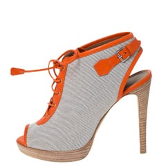 Hermes Canvas And Orange Leather Trim Lace Up Peep Toe Platform Booties Size 40