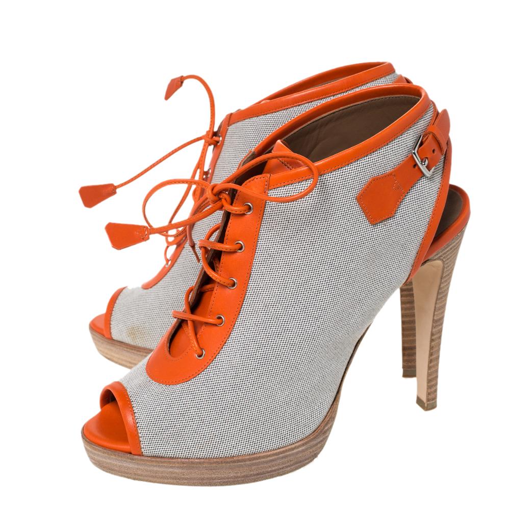 Hermes Canvas And Orange Leather Trim Lace Up Peep Toe Platform Booties Size 40 1