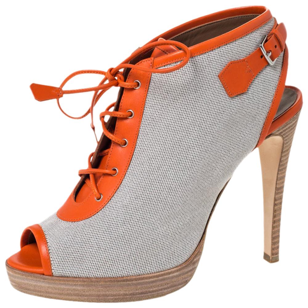 Hermes Canvas And Orange Leather Trim Lace Up Peep Toe Platform Booties Size 40