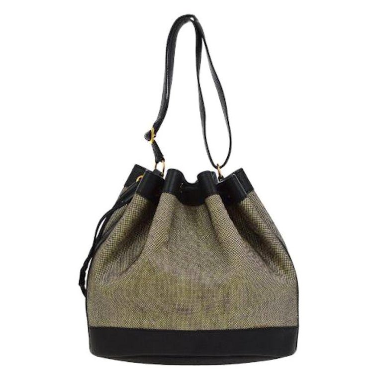 Hermes Canvas Black Leather Bucket Gold Drawstring Carryall Shoulder