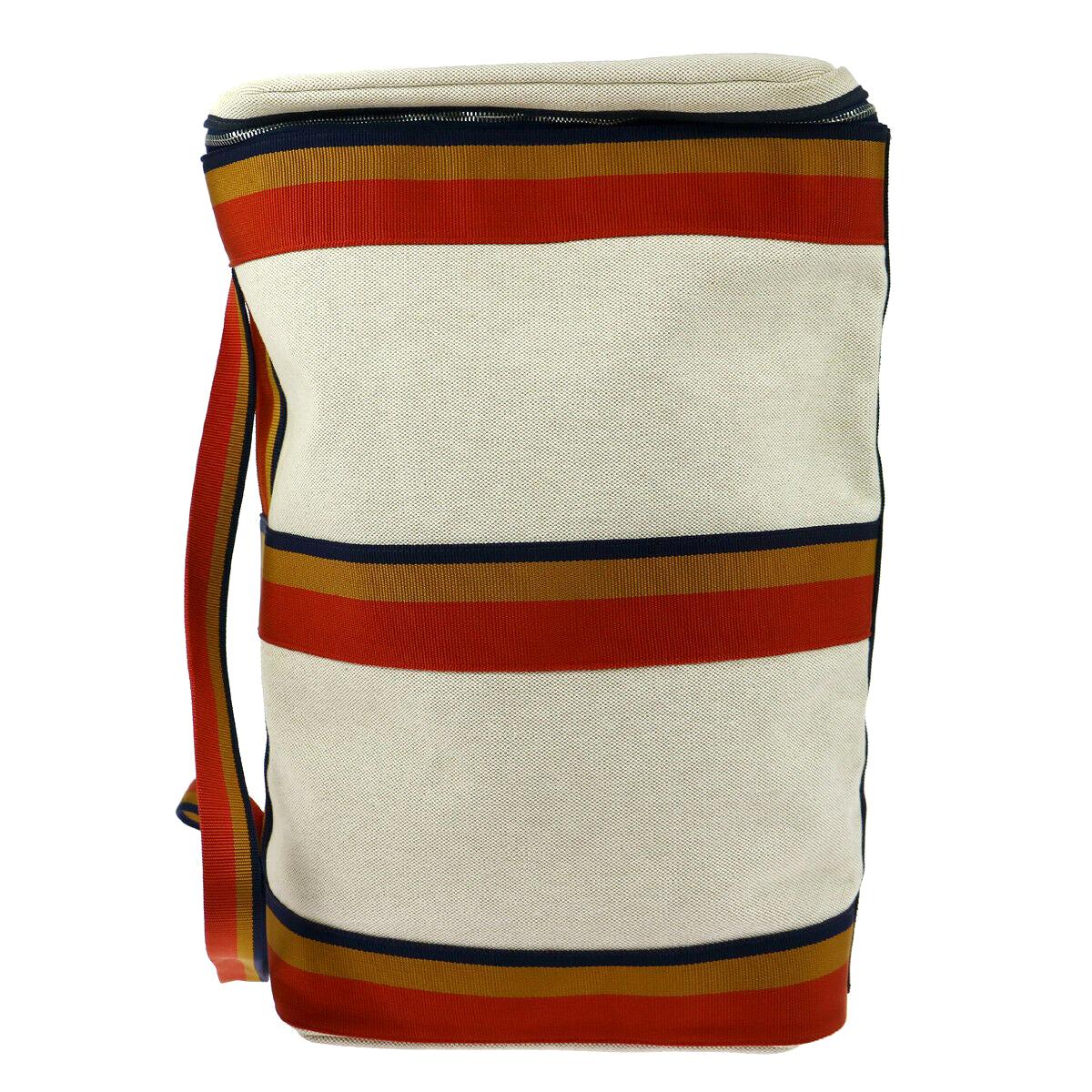 Hermes Canvas Tan Red Blue Orange Stripe Men's Knapsack Shoulder Travel Bag