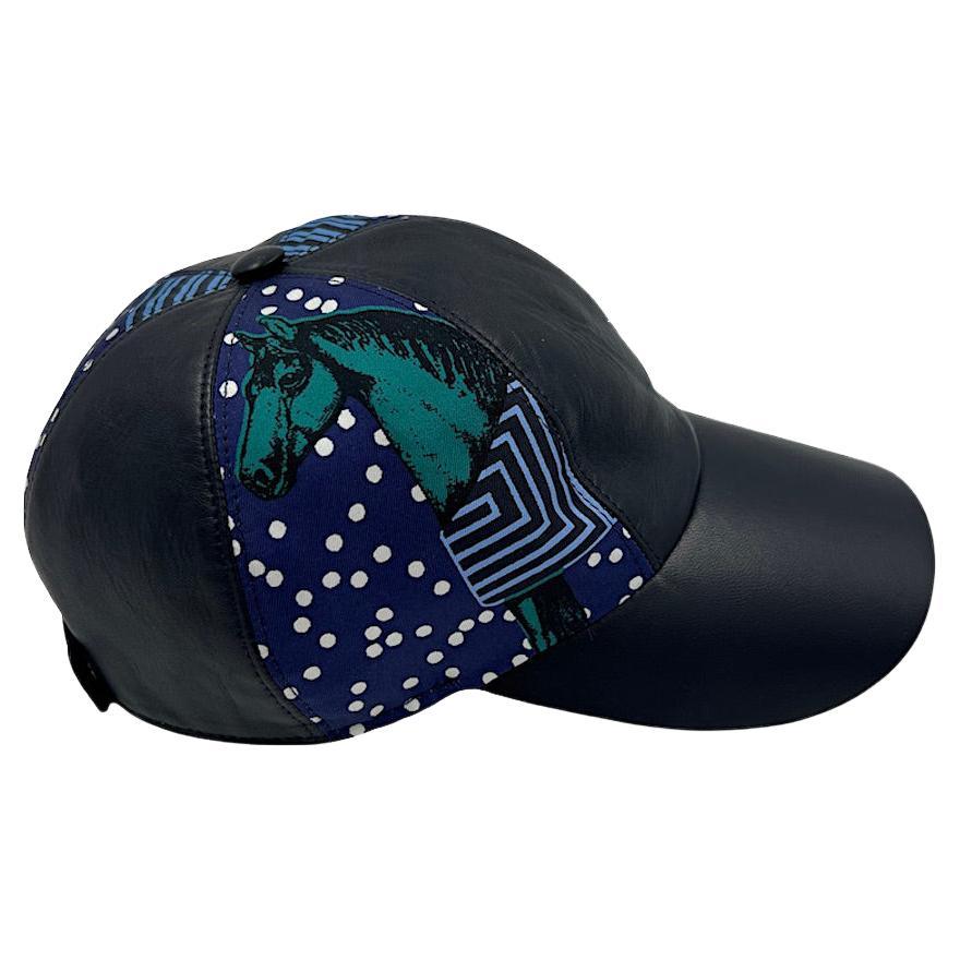 HERMES Cap in Black Leather and Colored Silk Size 57