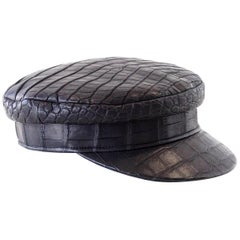 Hermes Cap Limited Edition Matte Black Crocodile Newsboy Hat 57 w/ Box Very Rare