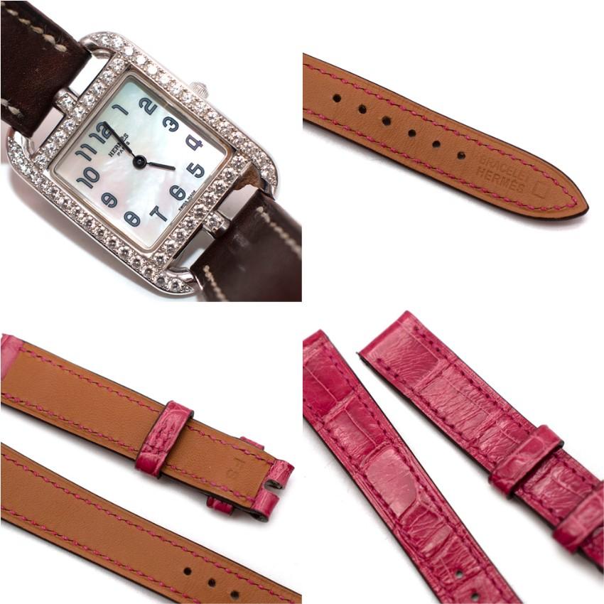 Hermes Cape Cod 23mm white gold and diamond pavé watch with natural brown barenia double tour leather strap

- Timeless Cape Cod style
- White gold case, with pavé-set diamond surround and opaline silvered dial
- 23mm x 23mm dial size
- Double tour