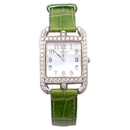 Hermes Cape Cod 23mm White Gold & Diamond Barenia Strap Watch For Sale