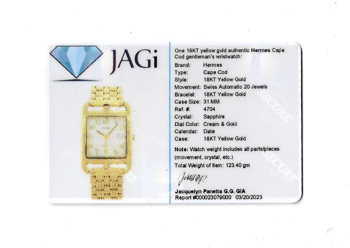 Montre-bracelet automatique Cape Cod d'Hermès en or jaune 18 carats avec boîtier rectangulaire de 31 mm en vente 9