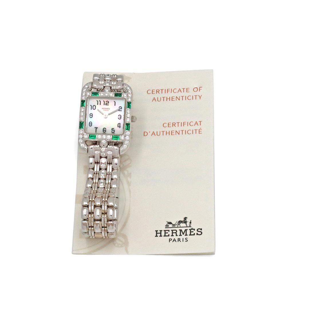 Hermès Cape Cod Diamond, Emerald, Mother-of-Pearl White Gold Watch In Excellent Condition In New York, NY