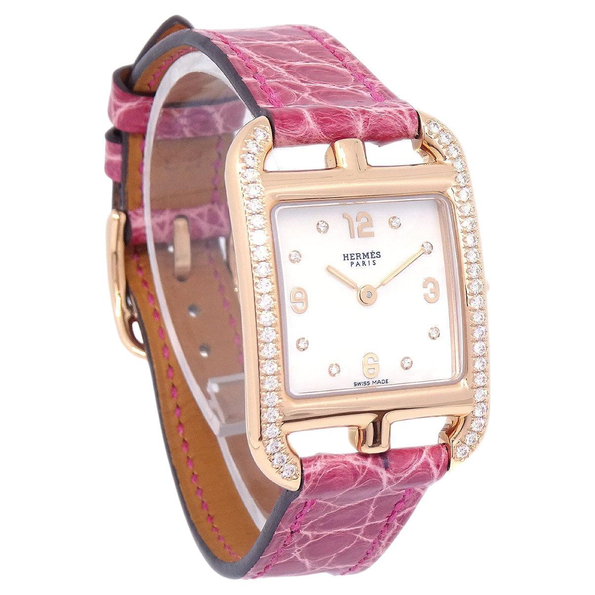 HERMES Cape Cod Pink Crocodile Diamond 18K Rose Gold Women's Wrist Watch  For Sale at 1stDibs