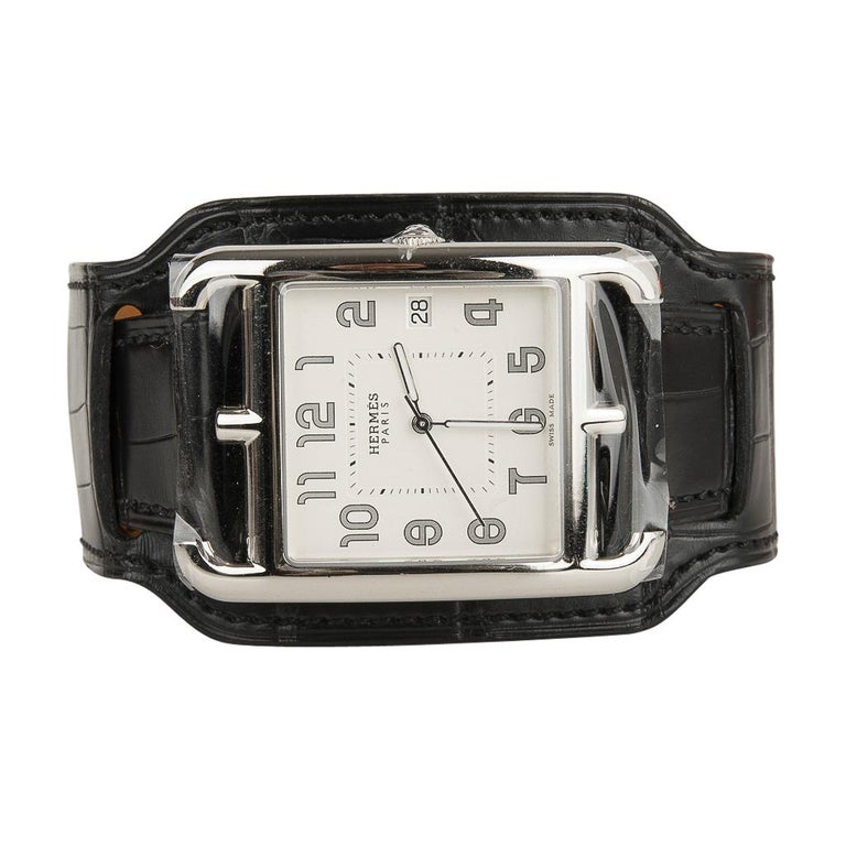 Hermes Cape Cod Watch Steel Black Matte Alligator Cuff ...