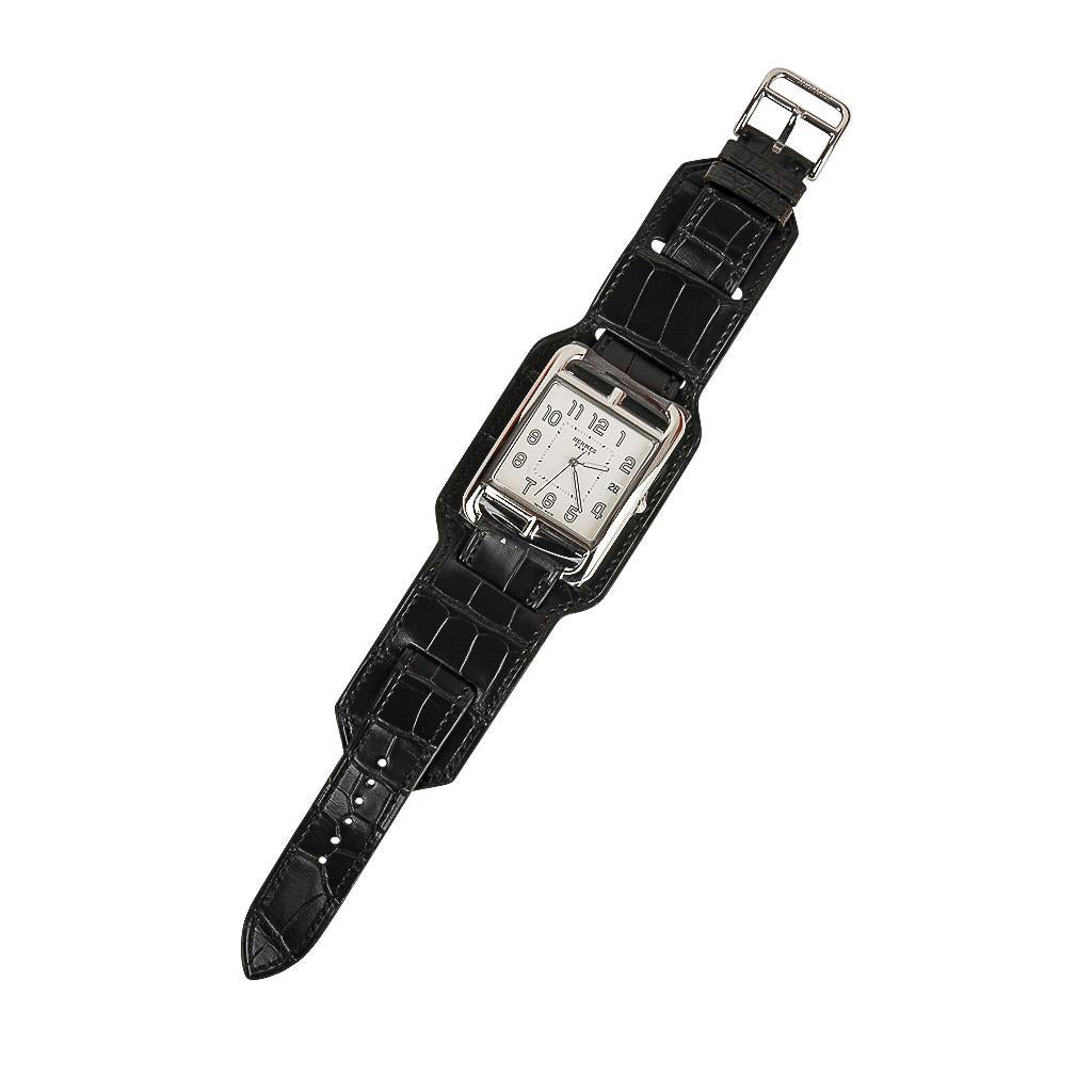 Hermès Cape Cod Watch Steel Black Matte Alligator Cuff Strap Limited Edition New 6