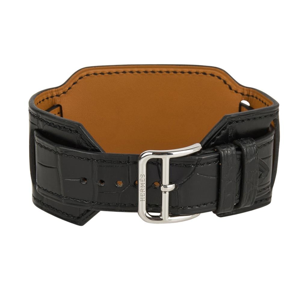 Women's or Men's Hermès Cape Cod Watch Steel Black Matte Alligator Cuff Strap Limited Edition New