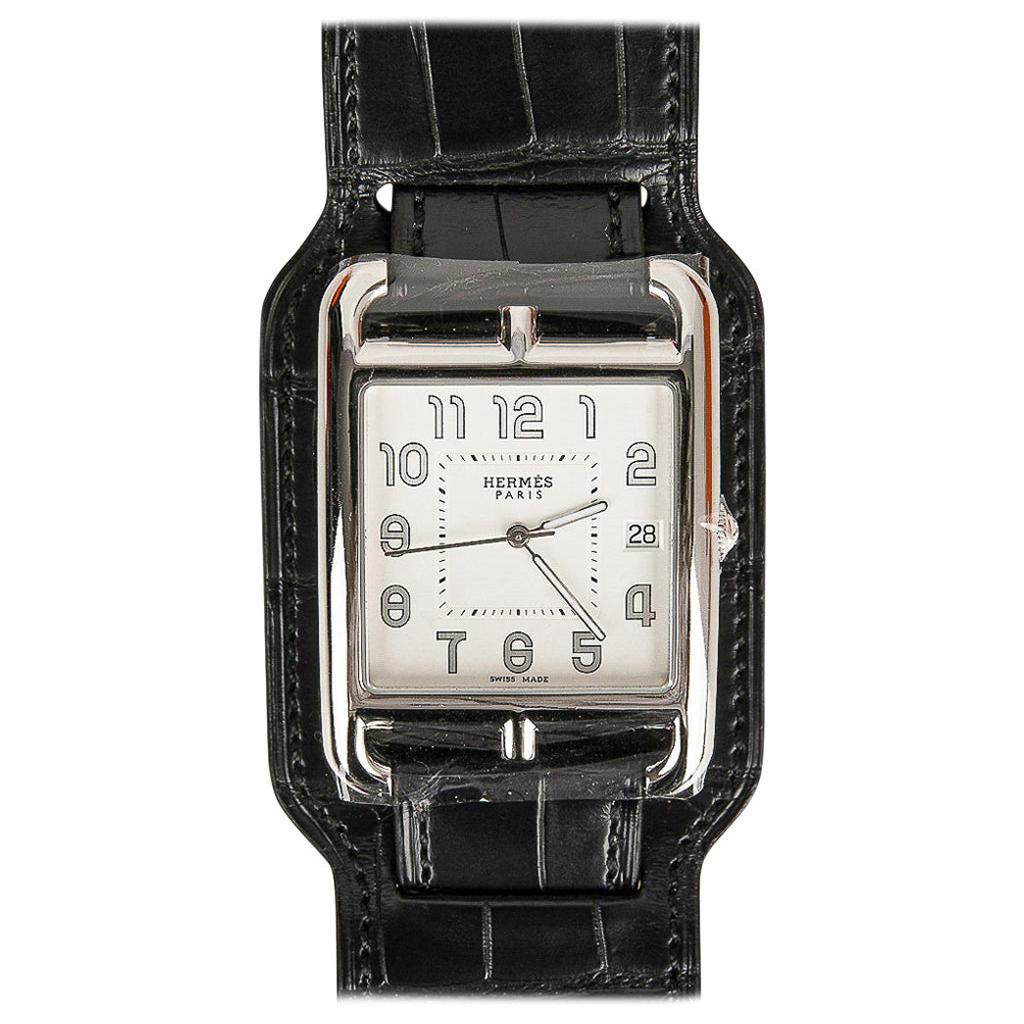 Hermès Cape Cod Watch Steel Black Matte Alligator Cuff Strap Limited Edition New