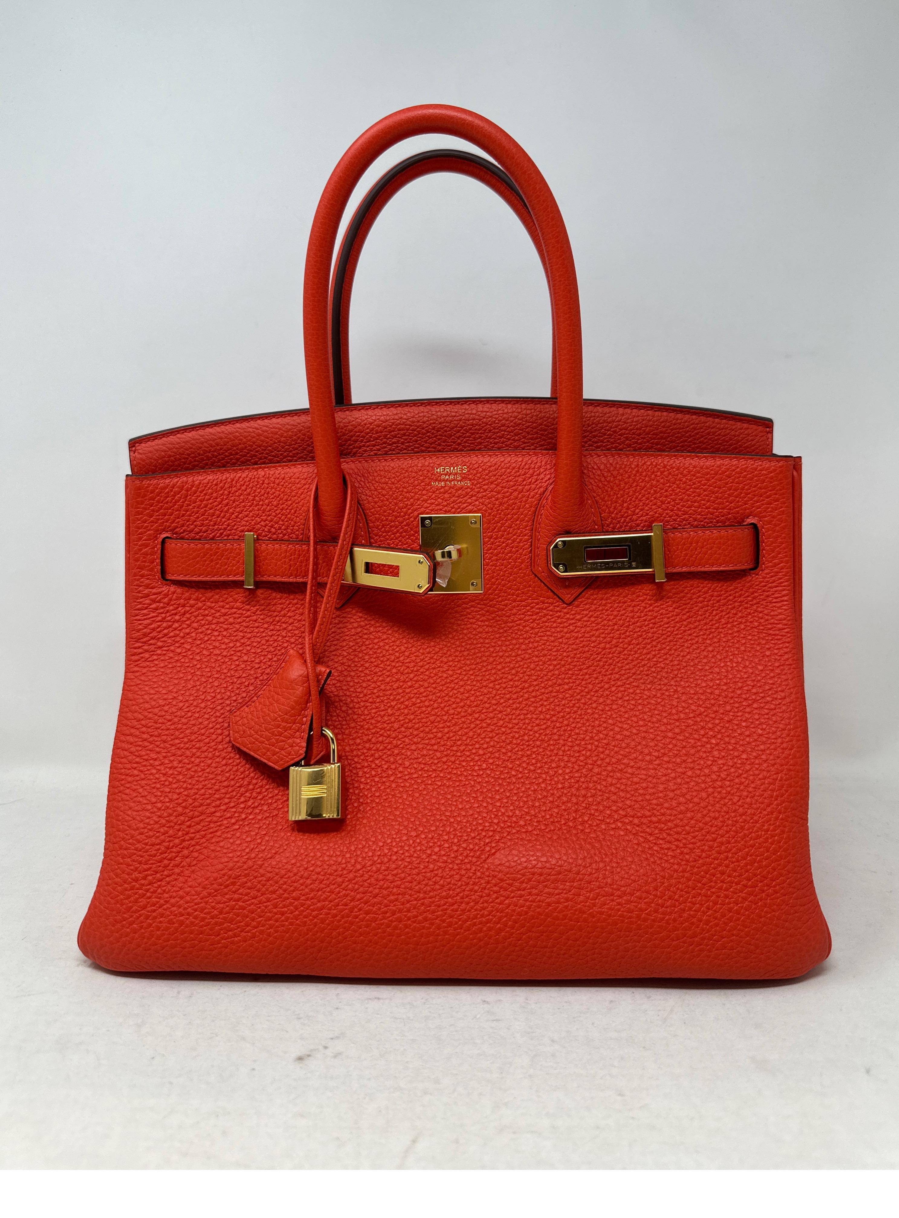 Hermes Capucine Birkin 30 Bag. New 2023 Birkin bag. Poppy orange color. Gold hardware. Interior clean. Most wanted size. Plastic still on hardware. Don't miss out on this investment bag. Includes clochette, lock, keys, and dust bag. Guaranteed