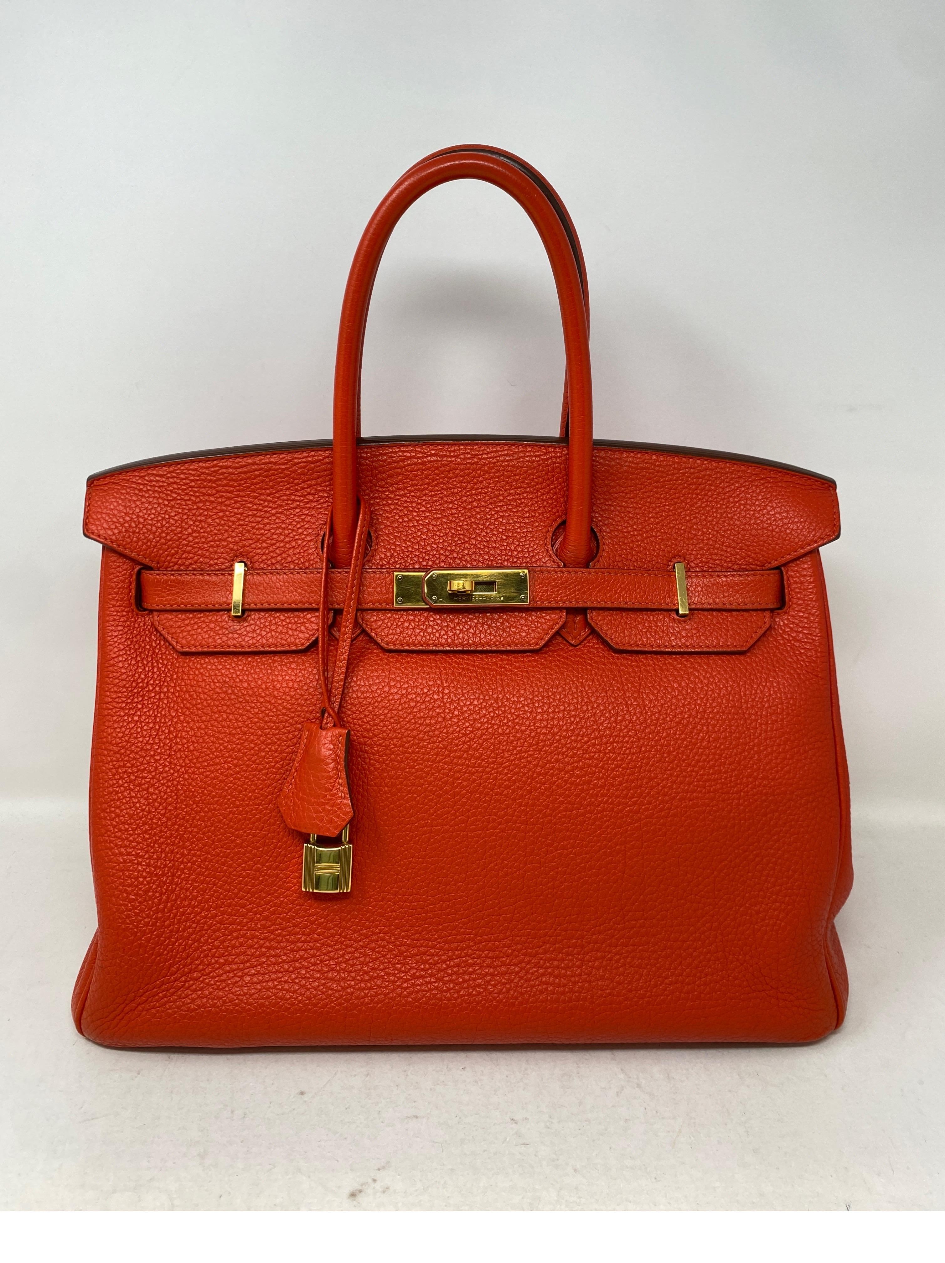 Hermes Capucine Birkin 35 Bag. Rare poppy orange red color bag. Togo leather. Excellent condition. Interior clean. Includes clochette, lock, keys, and dust bag. Guaranteed authentic. 