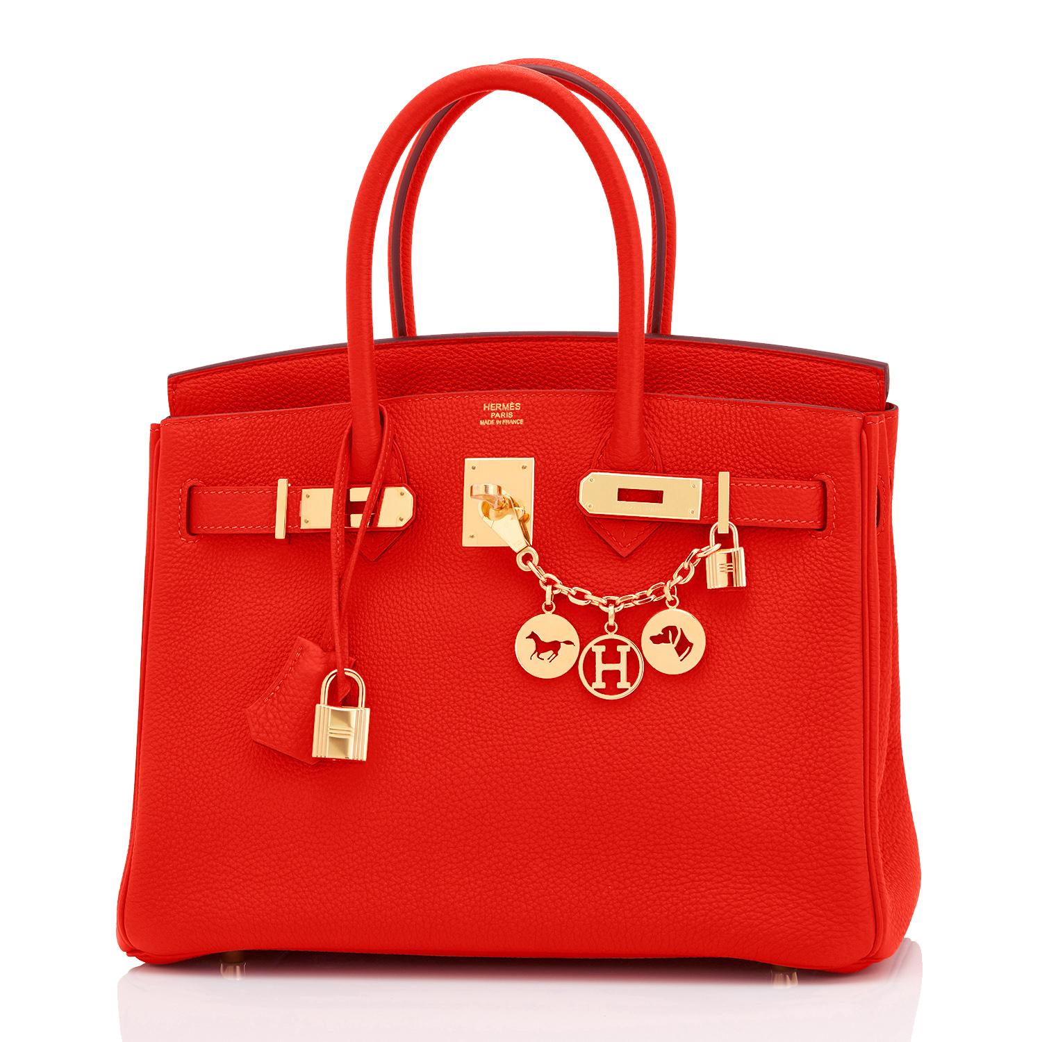 Hermes Capucine Red Orange 30cm Togo Birkin Bag Gold Hardware 
Rare find in New or Never Worn, Pristine Condition (with plastic on hardware)
Perfect gift! Comes in full set with lock, keys, clochette, sleeper, raincoat, and orange Hermes box.