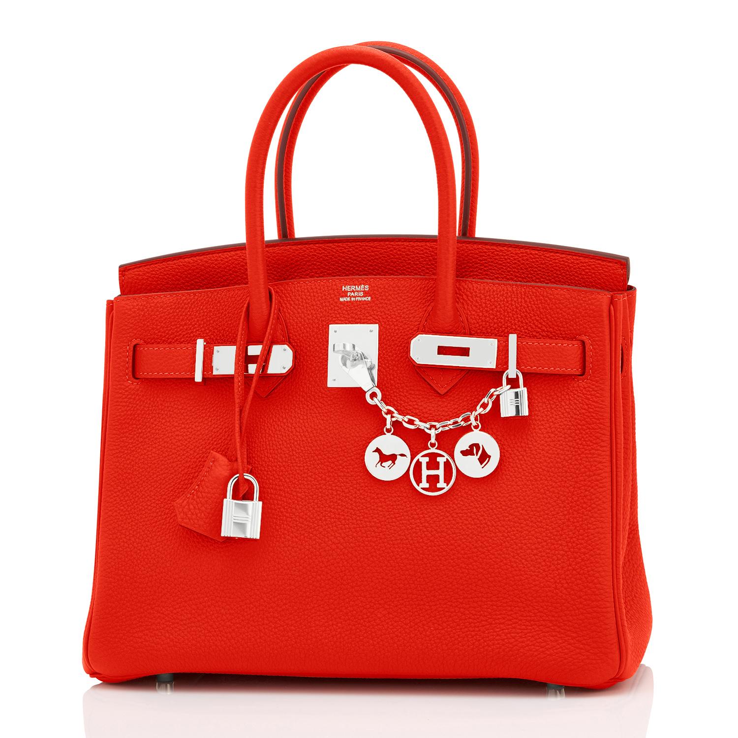 Hermes Capucine Red-Orange 30cm Togo Birkin Palladium Bag NEW
Rare find in New or Never Worn, Pristine Condition (with plastic on hardware)
Perfect gift! Comes in full set with lock, keys, clochette, sleeper, raincoat, and orange Hermes box.