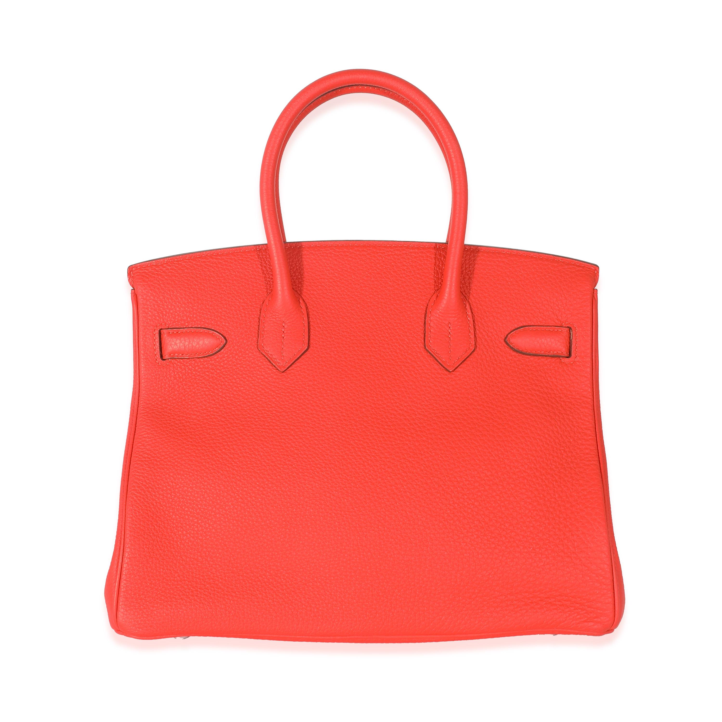 Listing Title: Hermès Capucine Togo Birkin 30 PHW
SKU: 133337
Condition: Pre-owned 
Handbag Condition: Very Good
Condition Comments: Item is in very good condition with minor signs of wear. Light discoloration along exterior leather and corners.