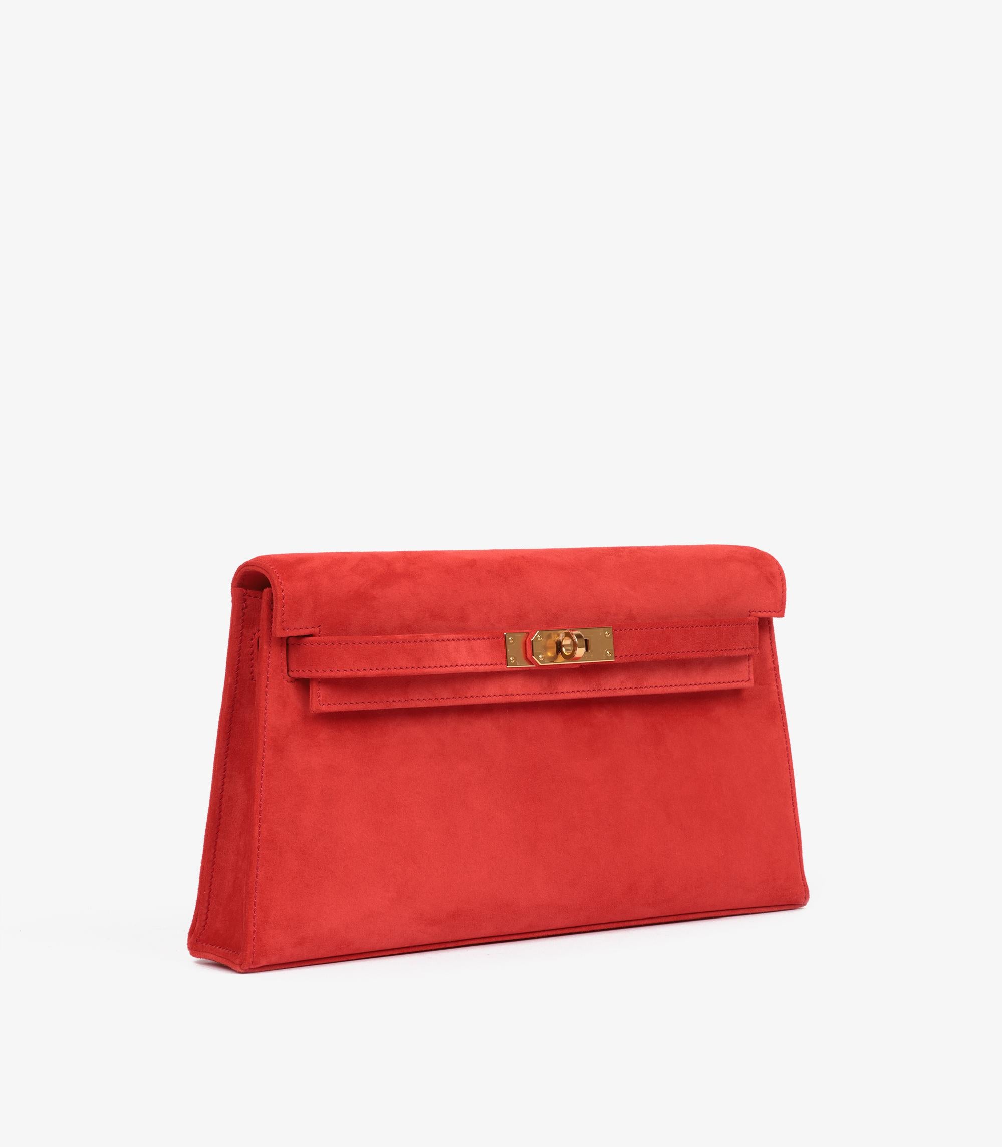 Rouge Hermès Capucine Veau Doblis Suede Kelly Elan en vente