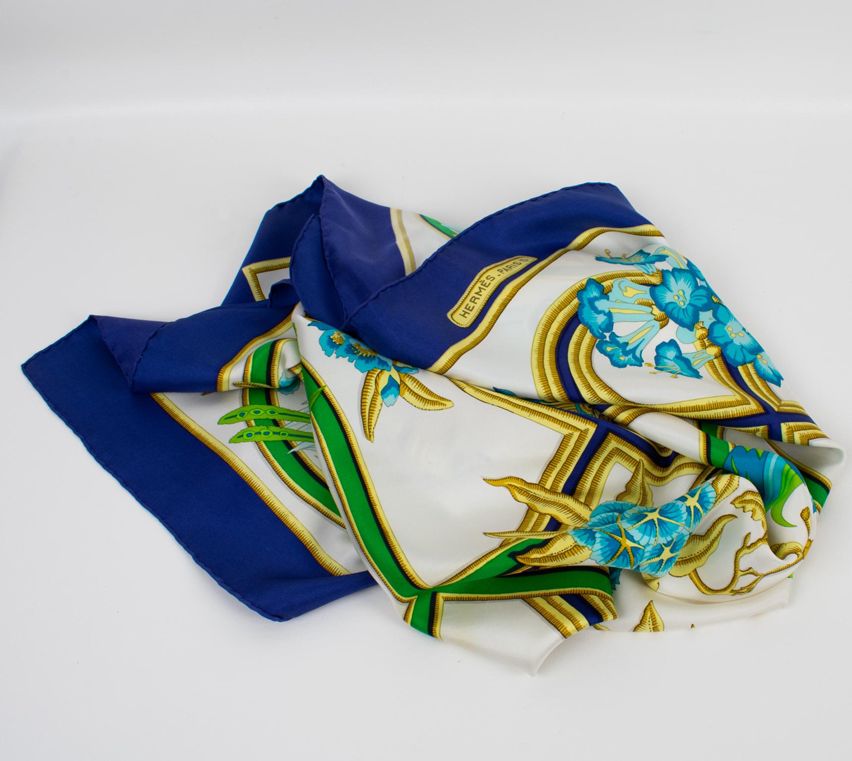 Beige Hermes Caraibes Exotic Birds Silk Twill Scarf by Christiane Vauxelles For Sale