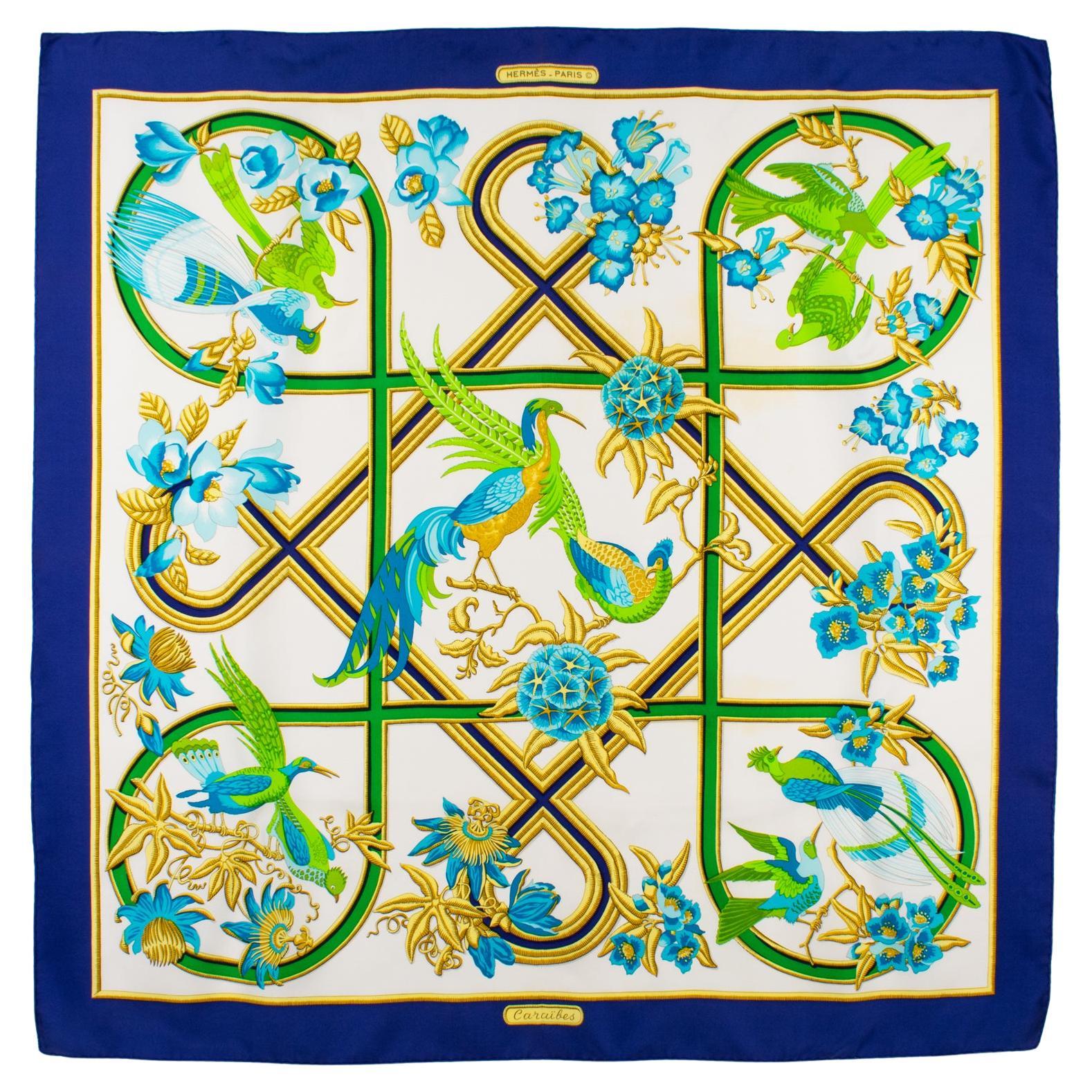 Hermes Caraibes Exotic Birds Silk Twill Scarf by Christiane Vauxelles For Sale