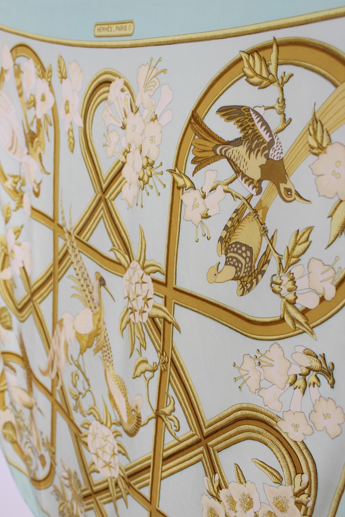 Hermes Caraibes Silk Gold Green Vintage Scarf 1980s 1
