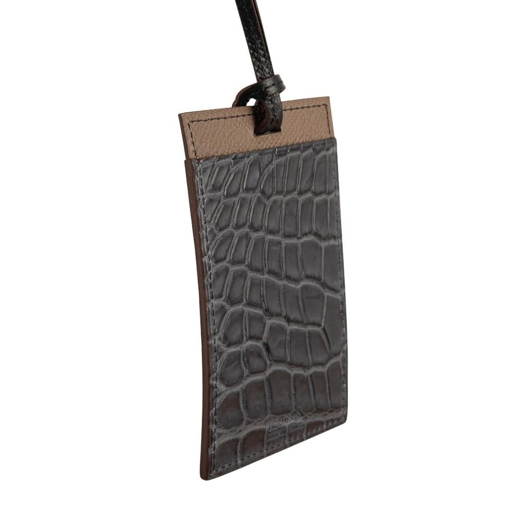 Black Hermes Cardholder Graphite Matte Porosus Crocodile / Etoupe Epsom  For Sale
