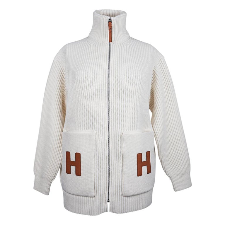 Hermes Cardigan Zip Winter White Sweater Brown Leather H 36