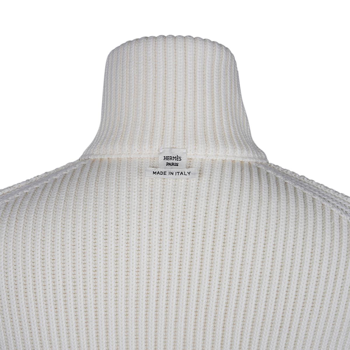 Hermes Cardigan Zip Winter White Sweater Brown Leather H 42 4