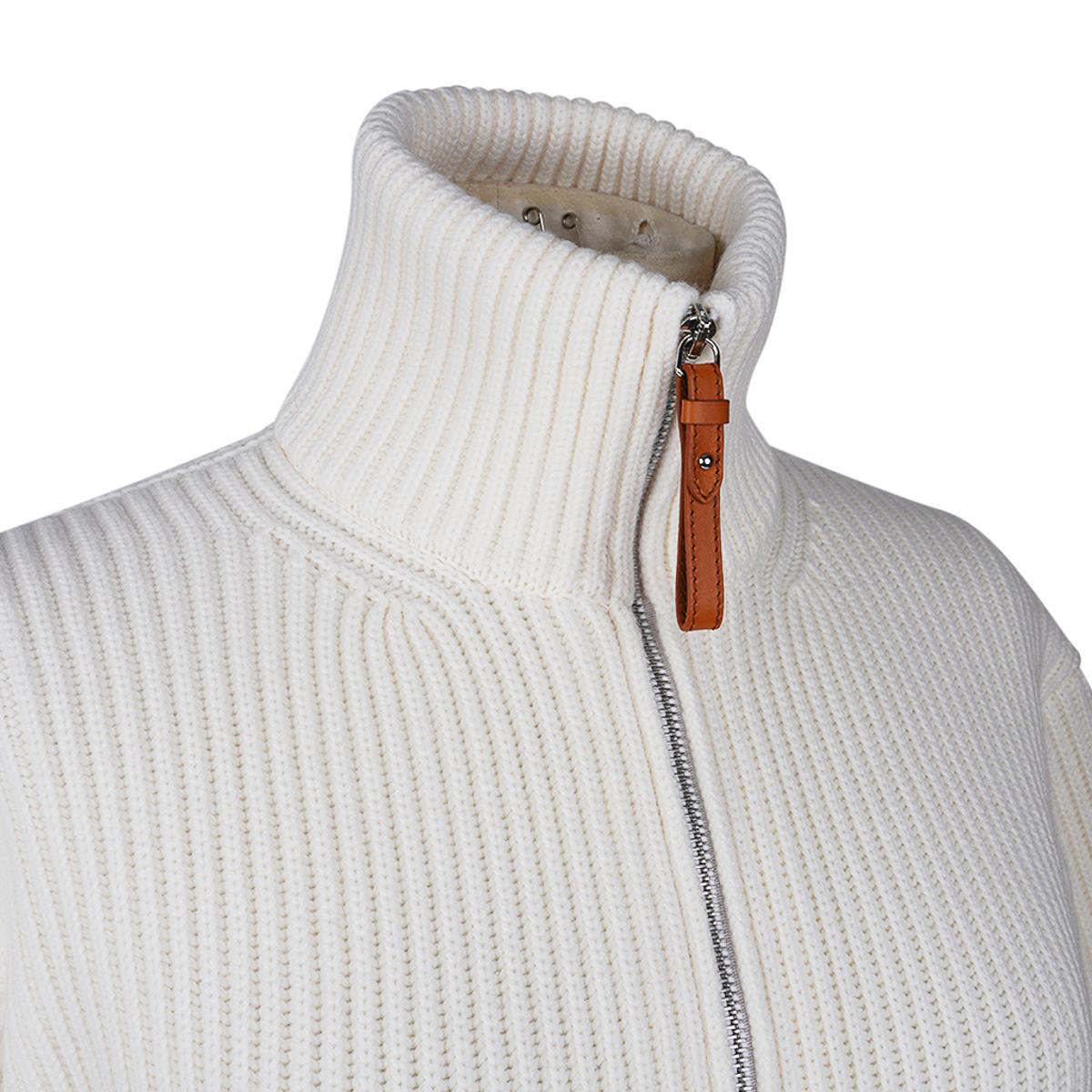 Hermes Cardigan Zip Winter White Sweater Brown Leather H 42 In New Condition In Miami, FL