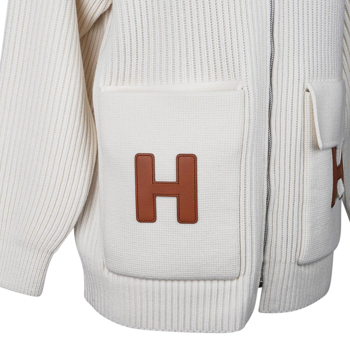 Women's Hermes Cardigan Zip Winter White Sweater Brown Leather H 42